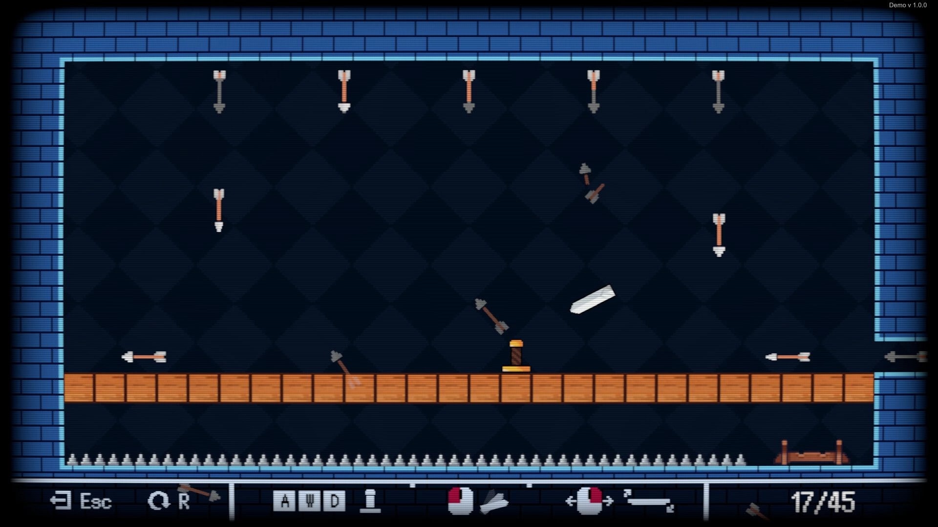 Swordless: Broken sword pieces dodge arrows above spikes in a blue brick chamber with wooden platform.