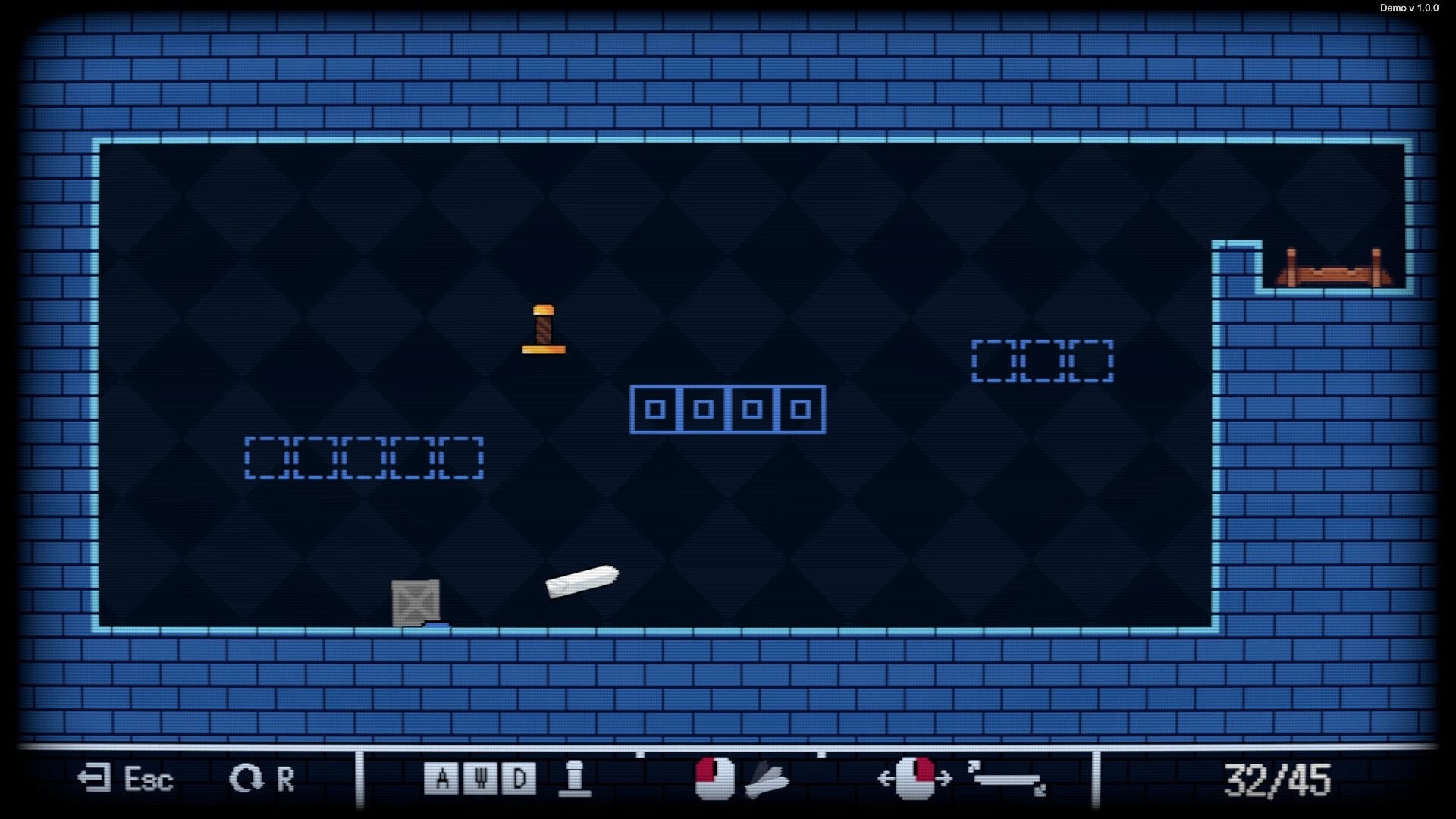 Swordless: Sword hilt and blade pieces in a blue brick room with dashed platforms and a crate UI bar below.