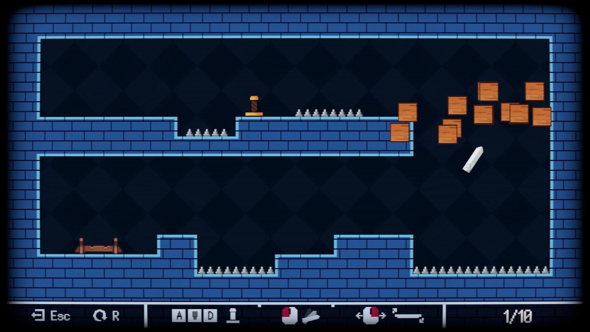 Swordless: Hilt on ledge near spikes, loose blade drifting by crates in a blue brick dungeon room.