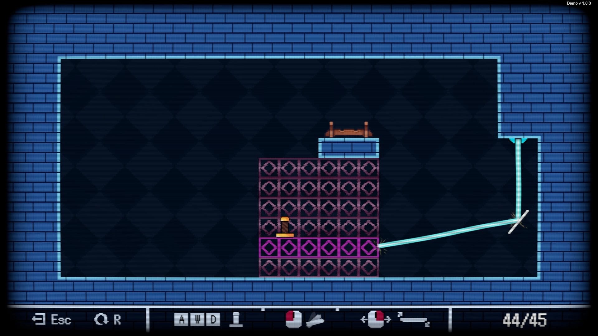 Swordless: Glowing blade line links a block tower to a wall corner in a blue brick puzzle room.