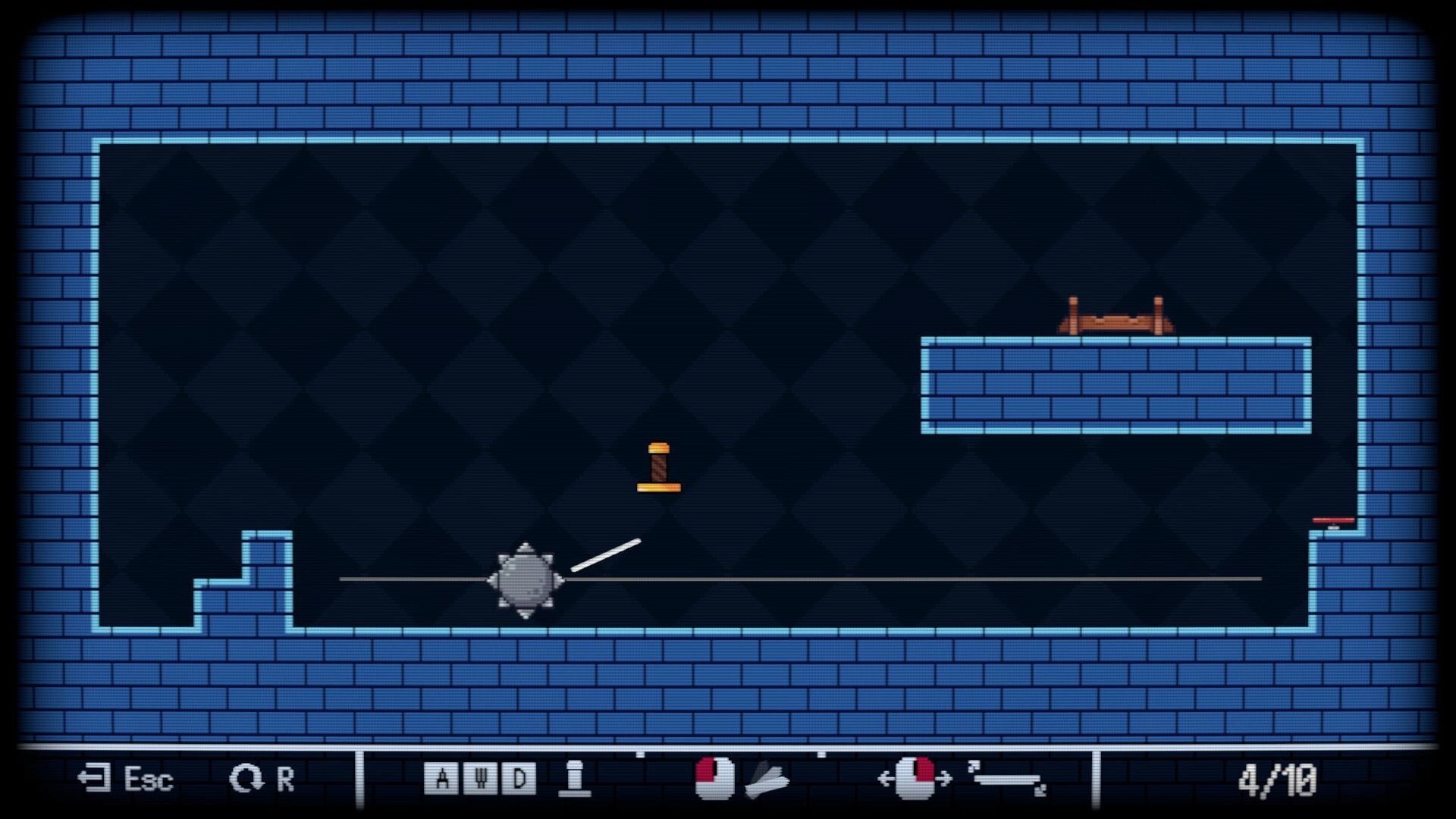 Swordless: Broken sword pieces navigate a blue brick room with spikes, ledges, and a bed platform.