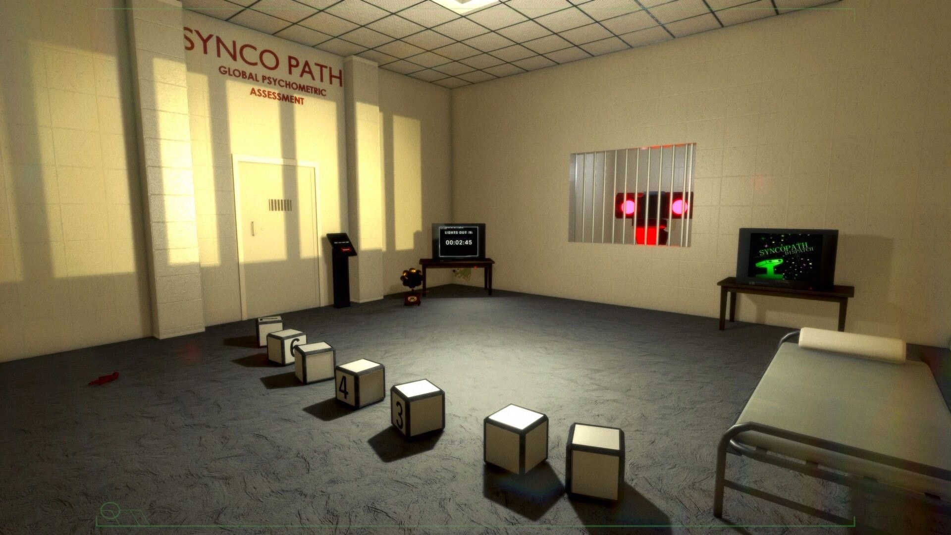 SYNCO PATH: Prison cell with numbered cubes, countdown timer, and robot face through barred window