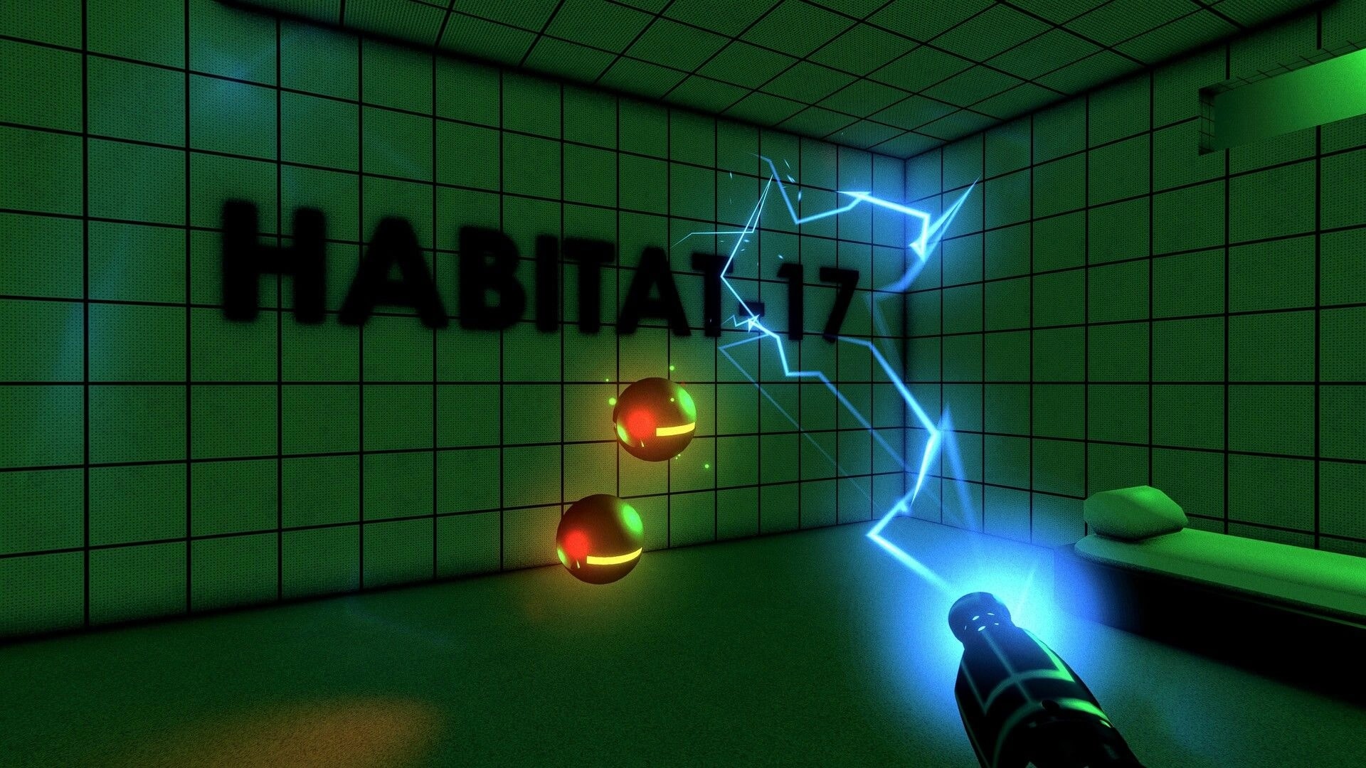 SYNCO PATH: Robot in Habitat 17 chamber using energy beam on floating orbs in a grid-lined cell
