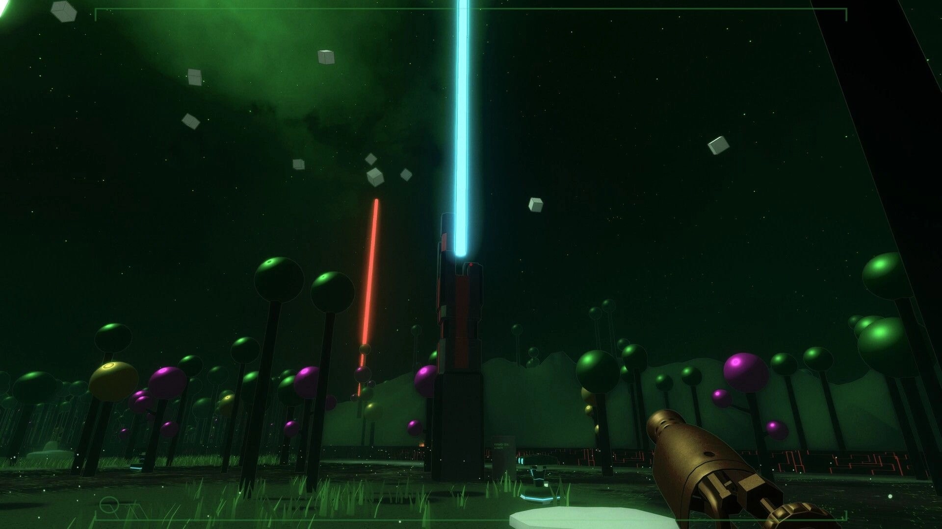 SYNCO PATH: Enigmatic robot observes glowing towers under night sky in a forest of colorful spheres