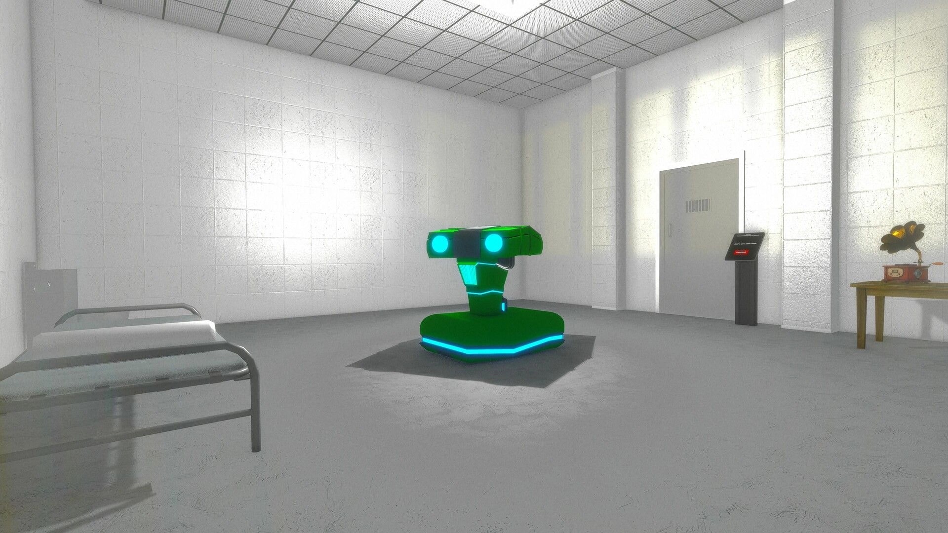 SYNCO PATH: Enigmatic robot stands in a stark prison cell with a bed, table, and control panel nearby