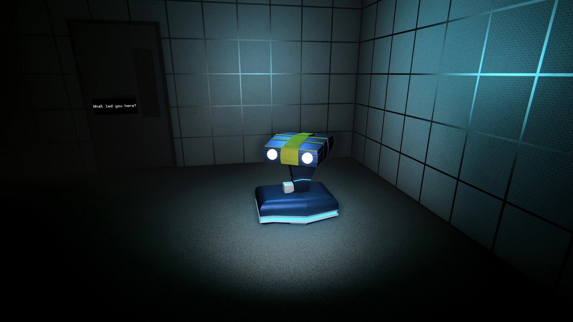 SYNCO PATH: Enigmatic robot stands in dimly lit prison cell with glowing eyes and grid-patterned walls.