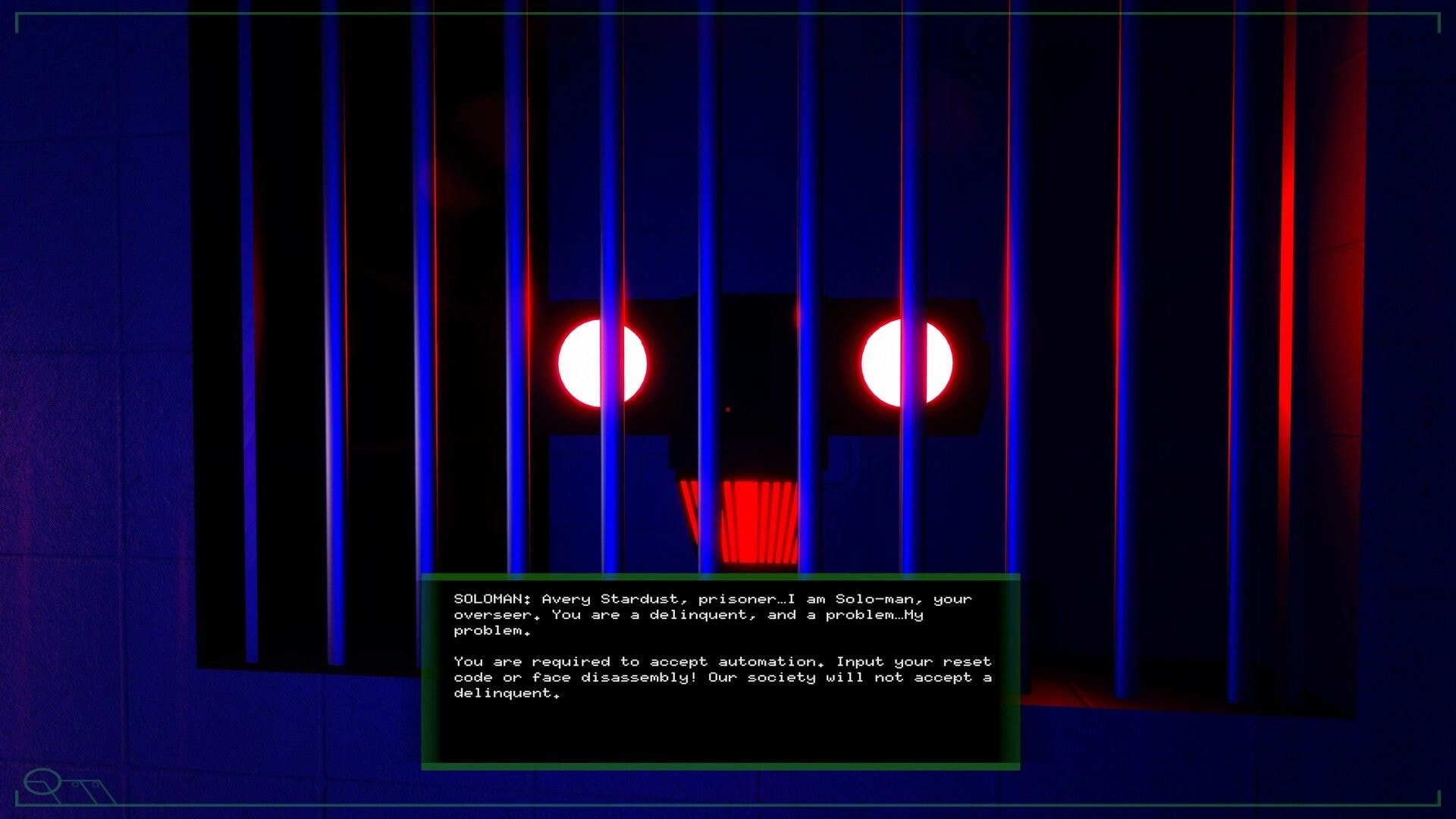 SYNCO PATH: Robot with glowing eyes behind bars, dialogue box with overseer's message in dark prison cell.