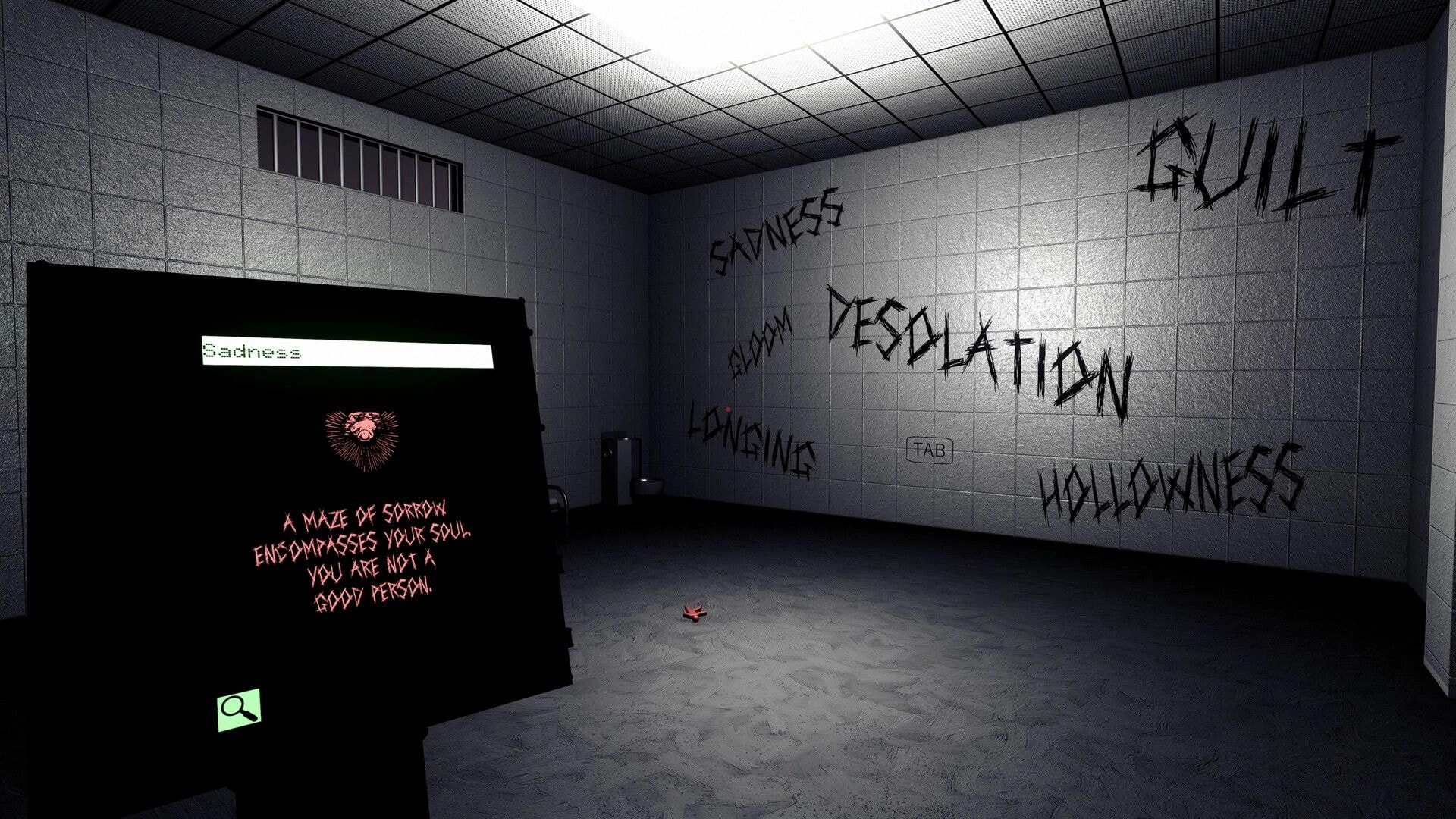 SYNCO PATH: Dark prison cell with ominous words on walls, computer screen showing "Sadness" input