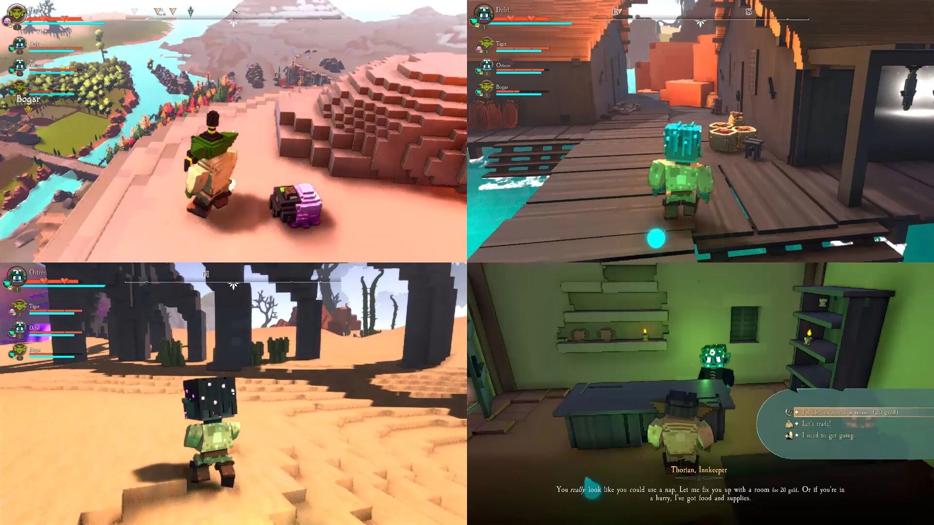 Taival: Four-player split-screen exploration with health bars across desert cliffs, docks, and inn dialogue.