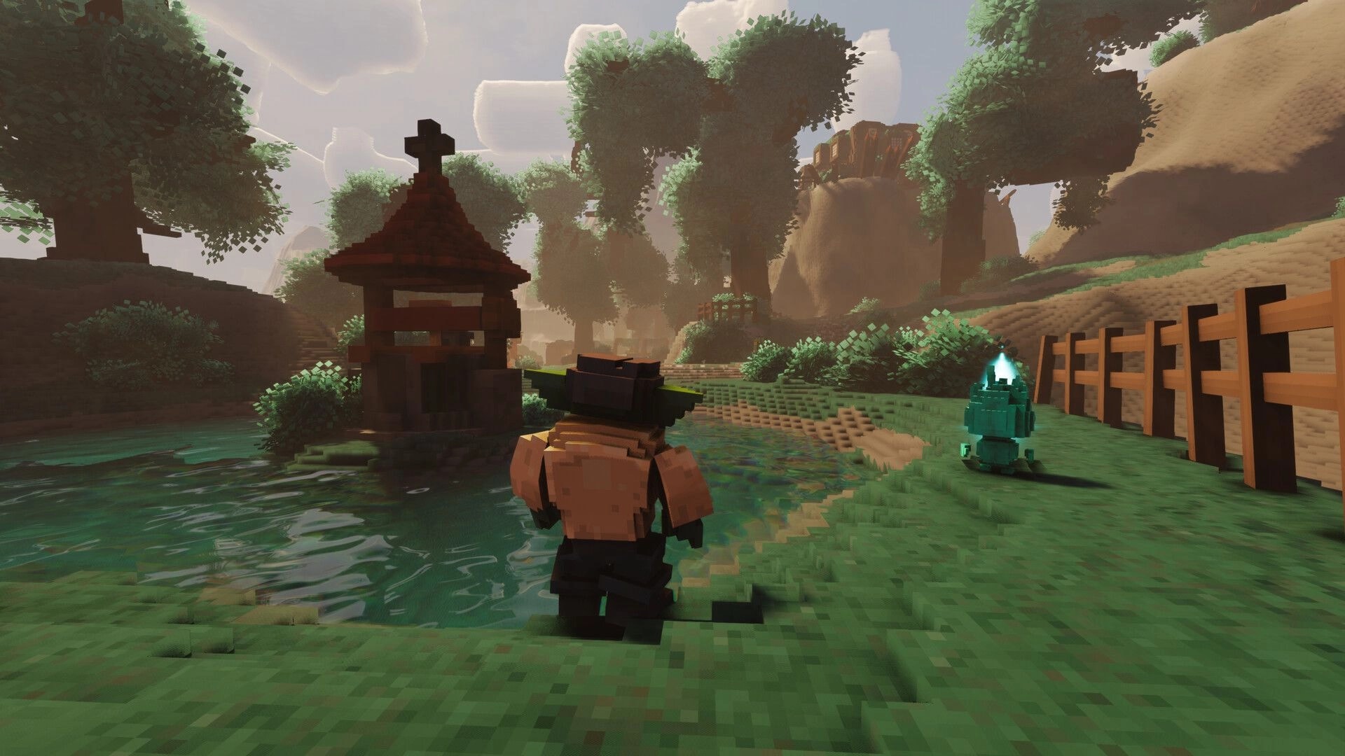 Taival: Third-person explorer walks by a pond toward a glowing companion in a blocky forest path.