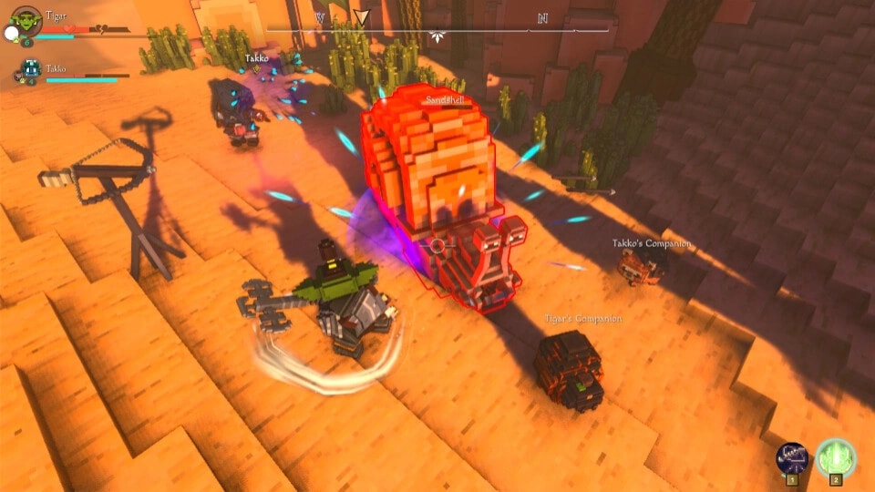 Taival: Two players battle a giant Sandshell on a sunlit desert canyon path with HUD bars.