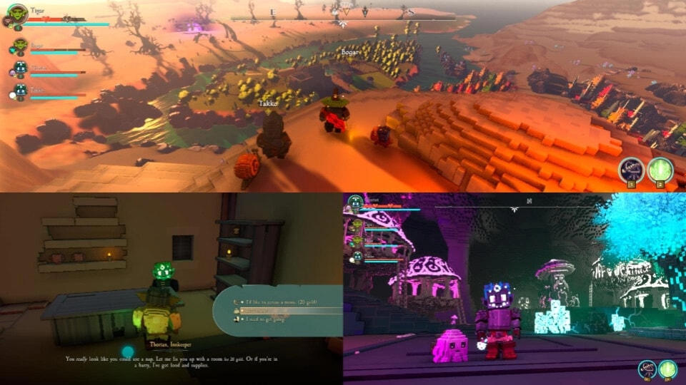 Taival: Split-screen co-op exploring desert cliffs and neon cave, with party HUD and dialogue box.