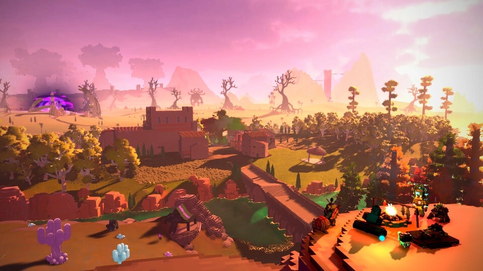 Taival: Distant village and fields at sunset with party campfire and gear on a cliff overlook.