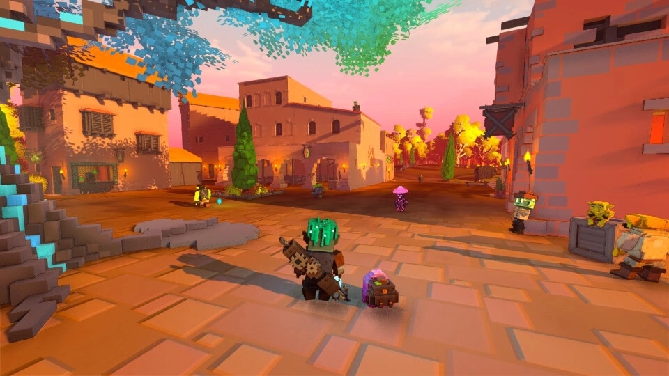 Taival: Player with green hair and pet companion in a sunlit village plaza with NPCs and torches.
