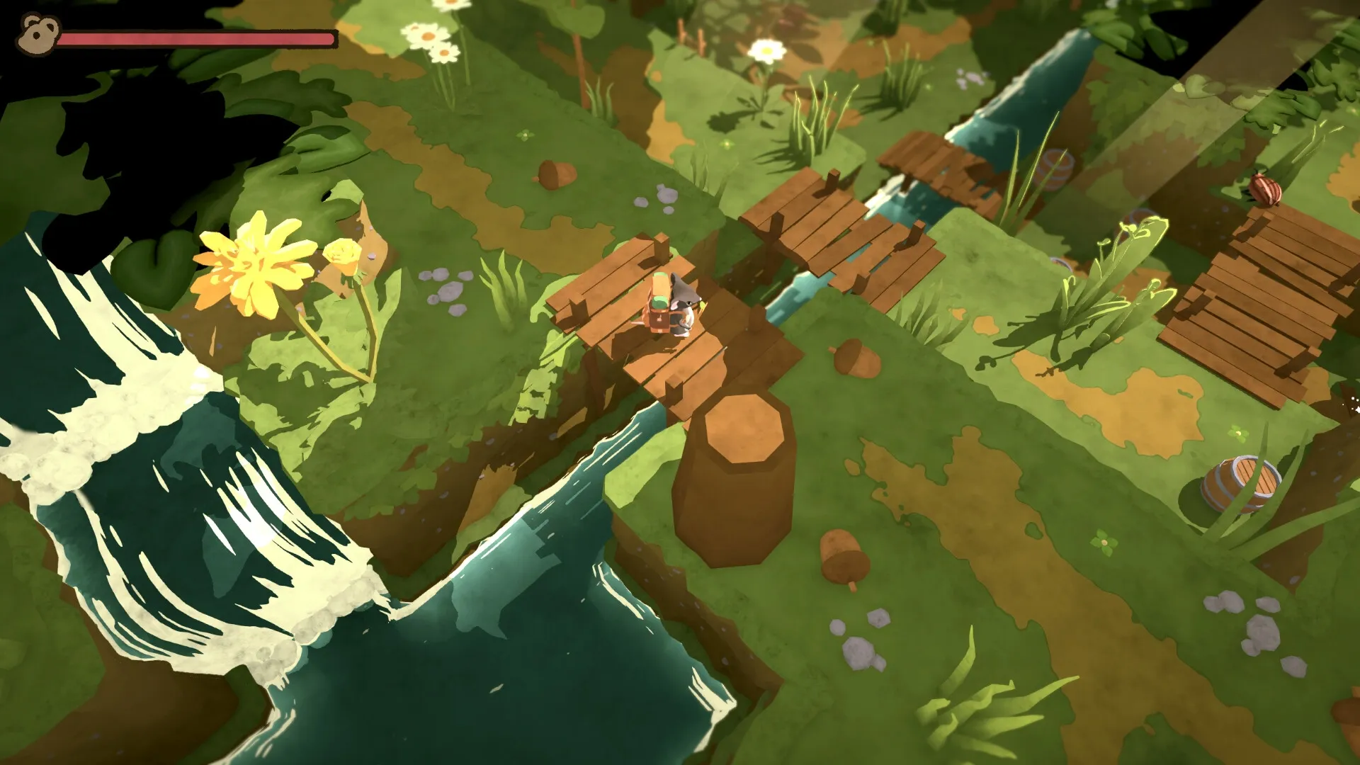 Take Care: Player character crossing a wooden bridge over a river in a lush forest environment