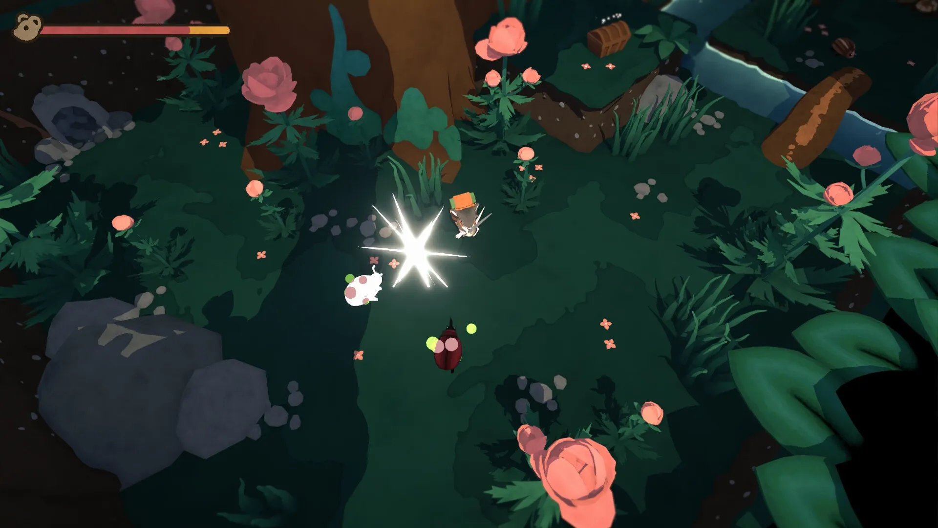Take Care: Character battling small creatures in a lush forest clearing with pink flowers and a chest