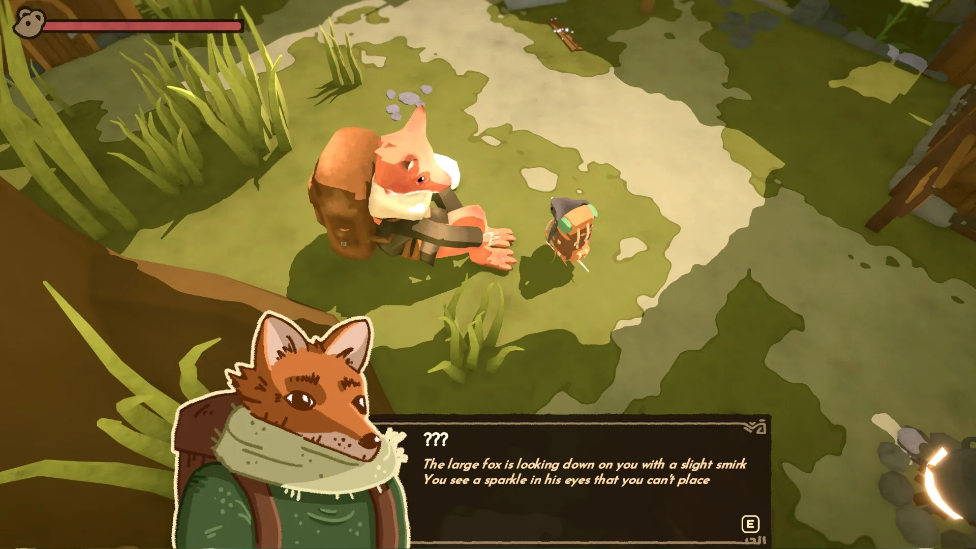 Take Care: Dialog with large fox character in forest clearing, health bar at top left, text box below.