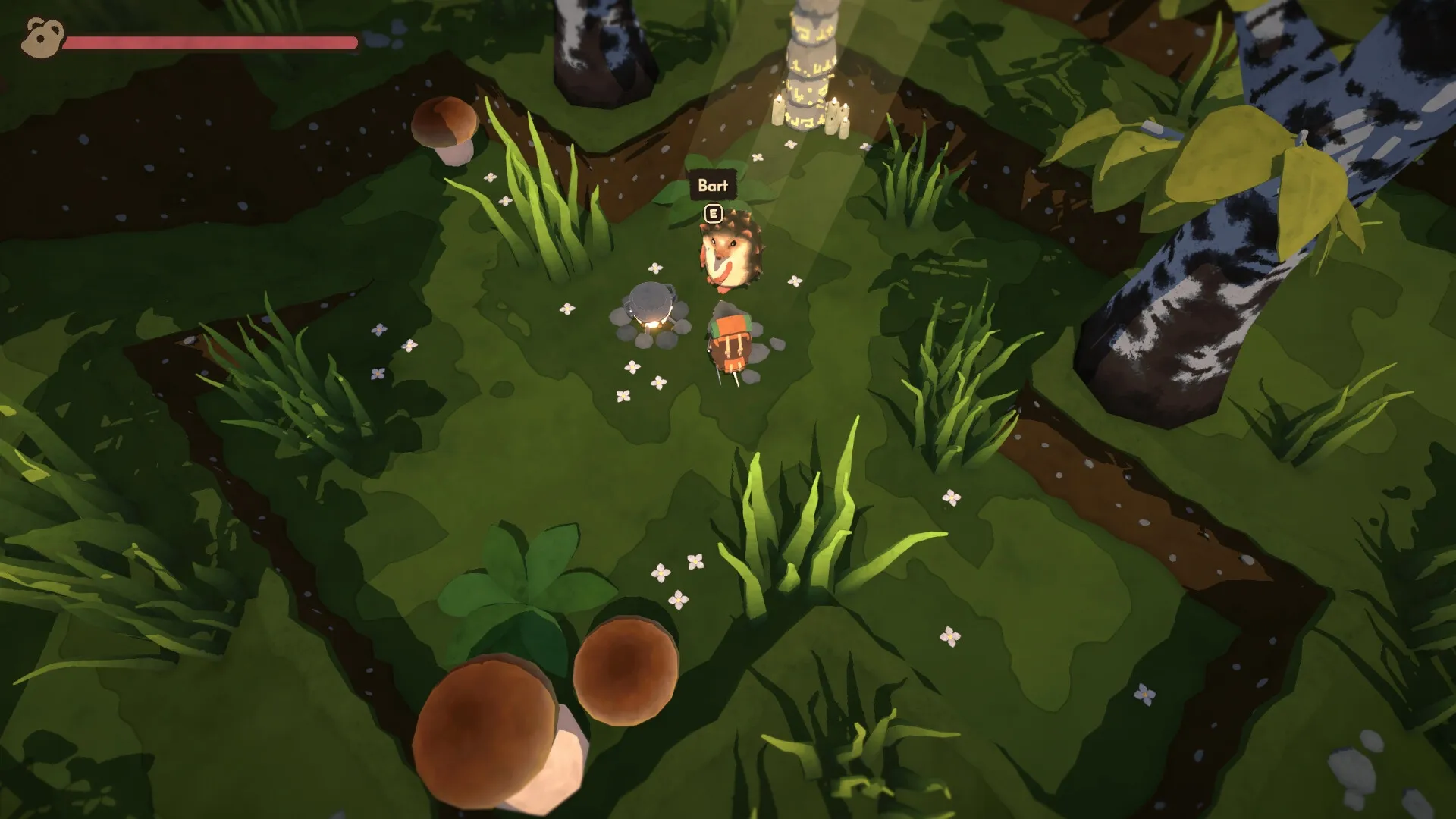 Take Care: Player character converses with a hedgehog named Bart in a lush forest clearing.