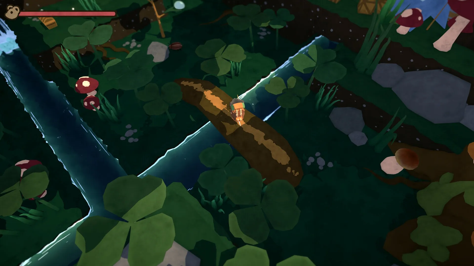 Take Care: Character crossing log bridge over river in lush forest setting with mushrooms and foliage.