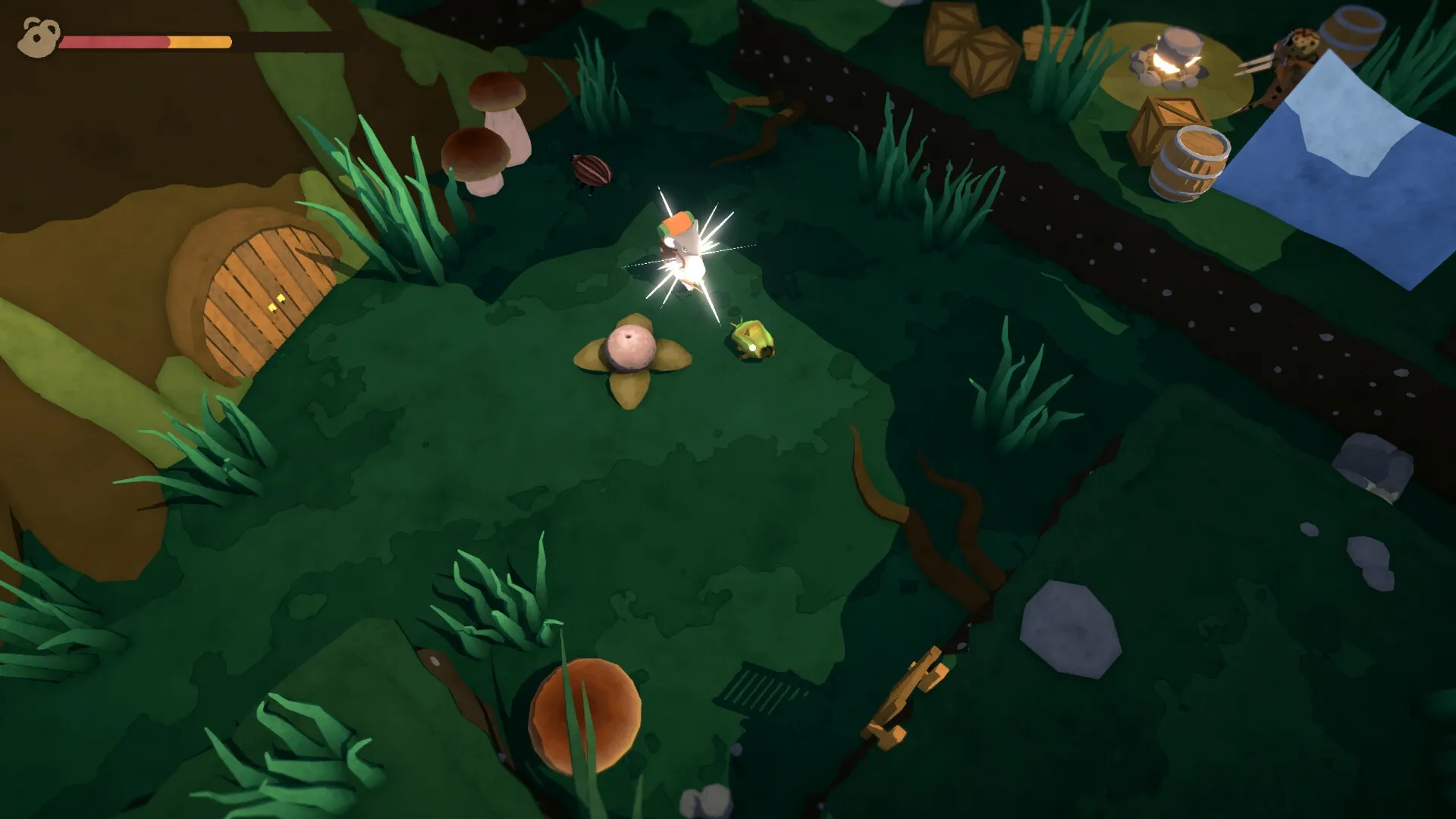 Take Care: Mouse character battling a frog enemy in lush forest with mushrooms and a wooden door nearby