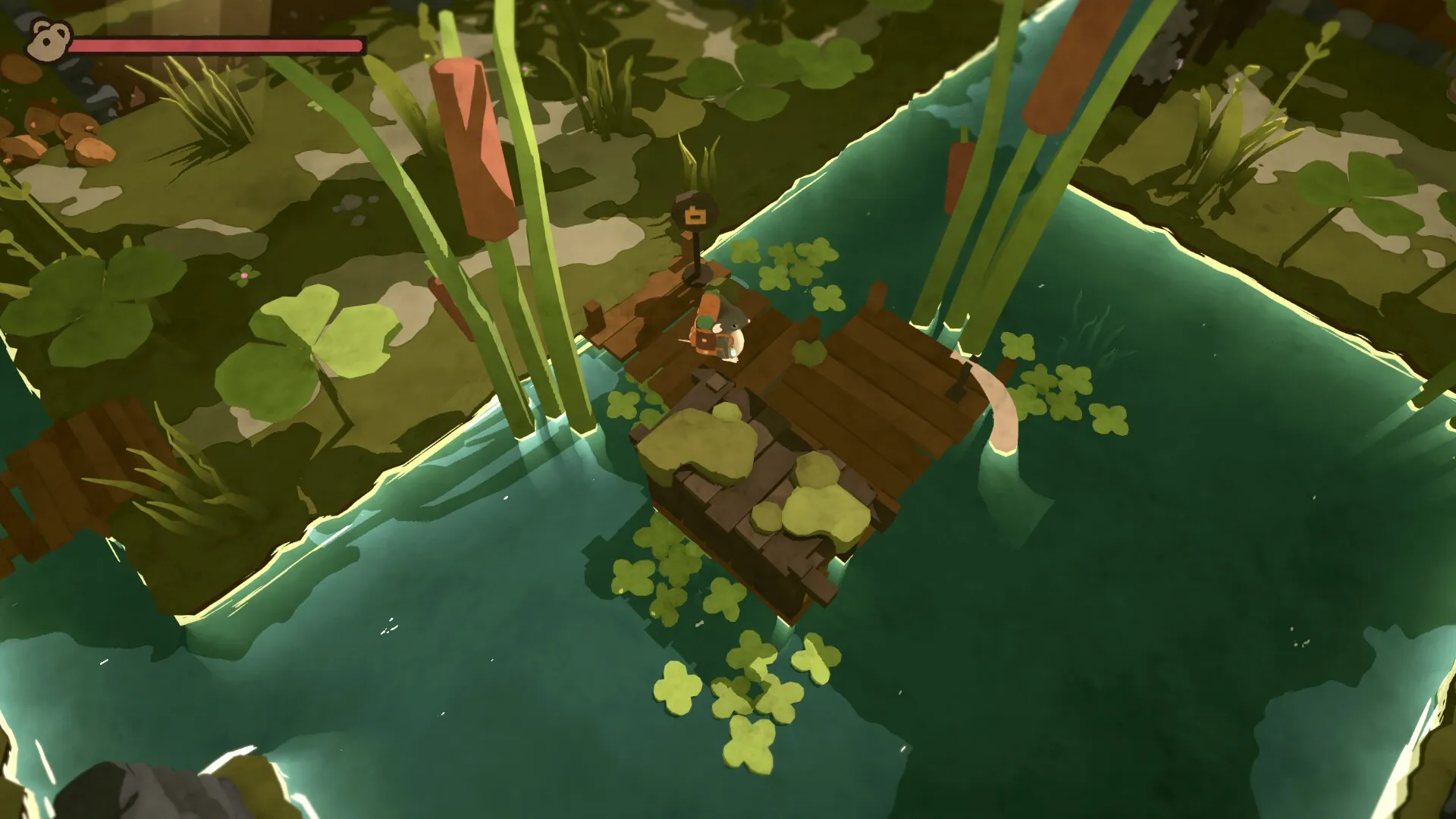 Take Care: Player character on wooden raft in lush forest river setting with visible health bar UI