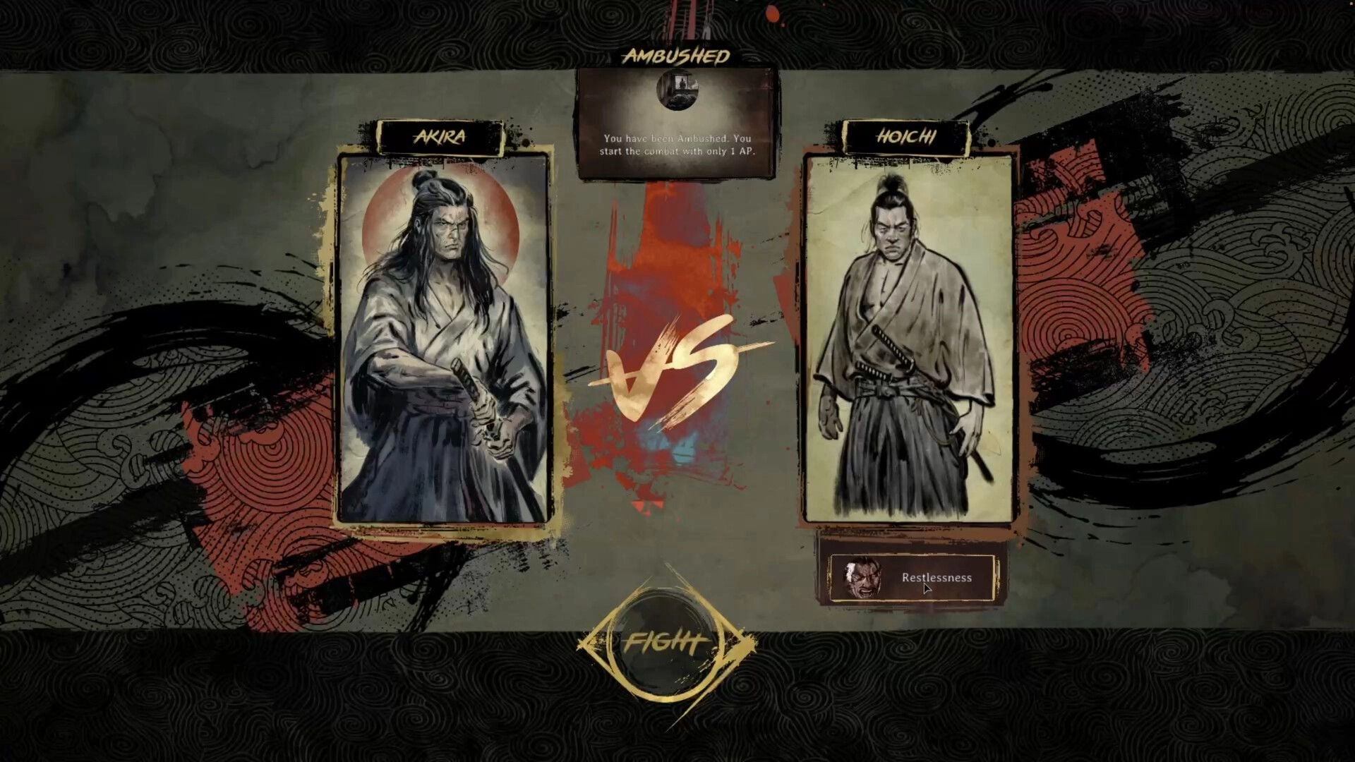 Tale of Ronin: Ambushed duel screen with Akira vs Hoichi portraits, Fight button on ink backdrop.