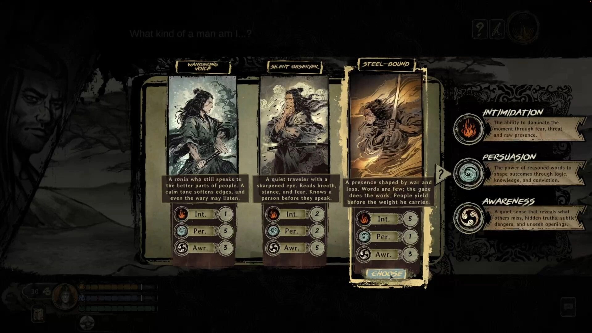 Tale of Ronin: Choosing ronin archetype cards with stats and skill tooltips on parchment UI panel.