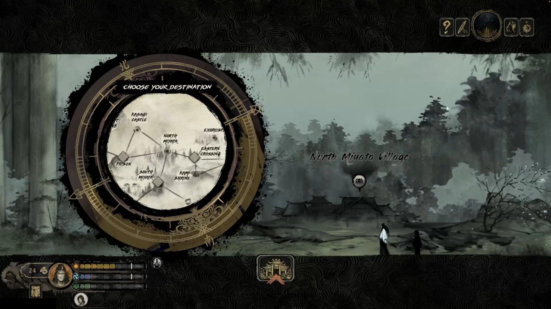 Tale of Ronin: Destination map selection UI over misty North Miyato Village with two figures below.