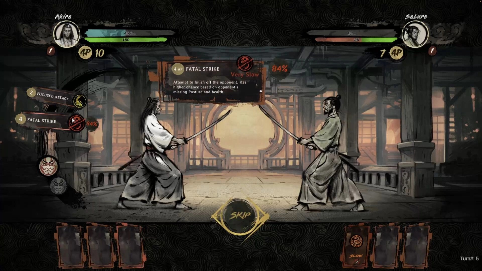 Tale of Ronin: Akira duels Saburo with swords, Fatal Strike prompt in a wooden dojo arena UI.