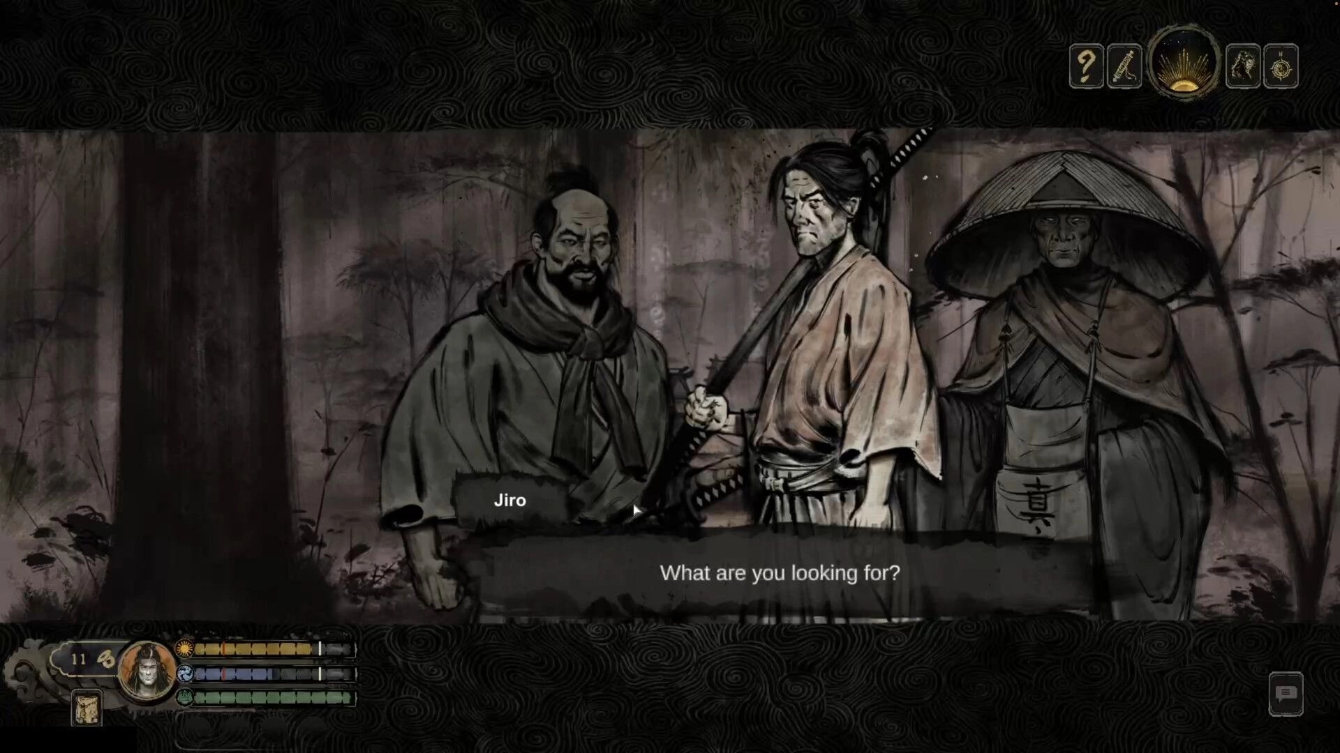 Tale of Ronin: Dialogue with Jiro and two companions in a misty forest, prompt “What are you looking for?”.