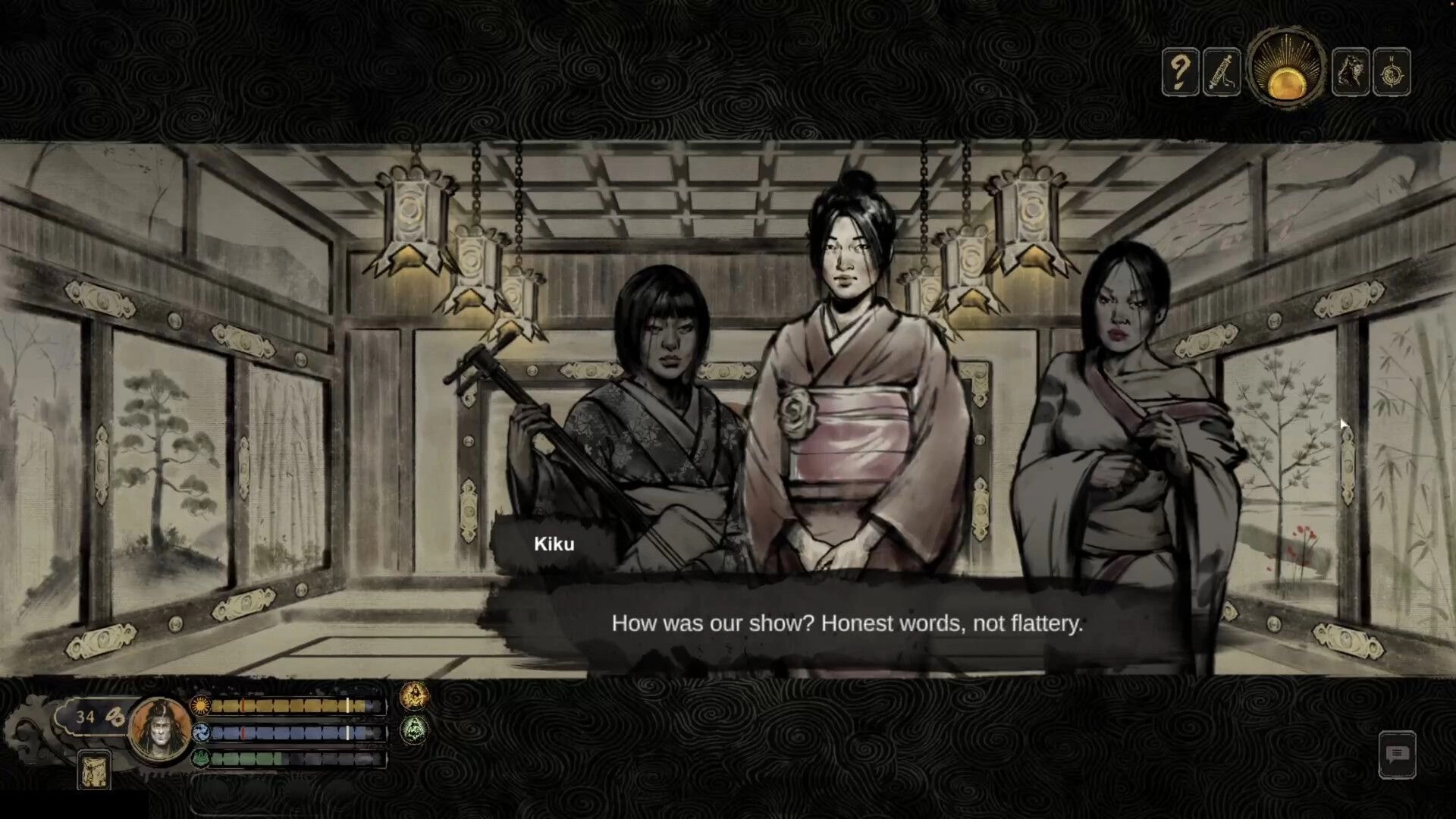 Tale of Ronin: Dialogue with Kiku and two women in a lantern-lit room, choice prompt visible.