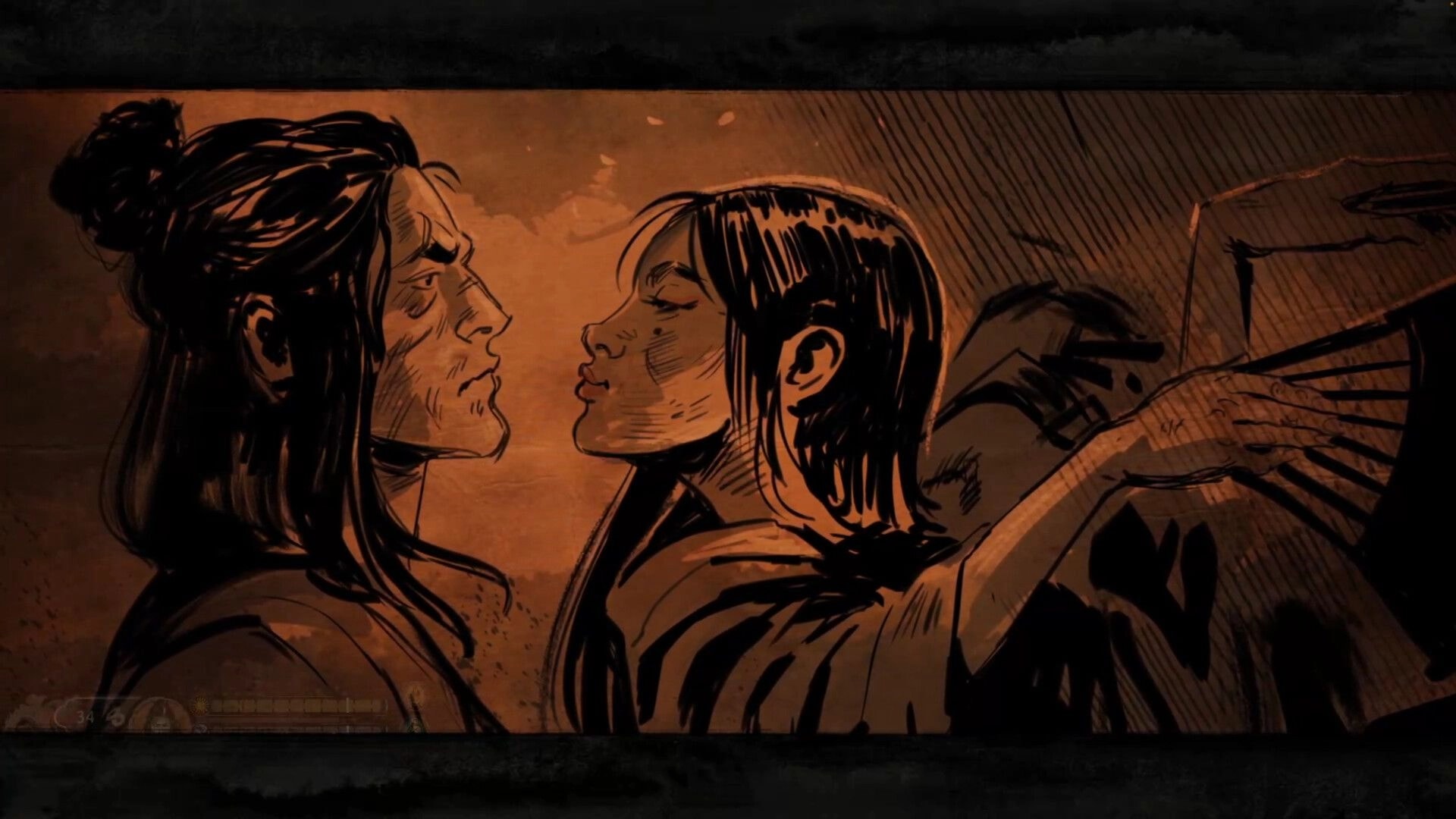 Tale of Ronin: Close-up comic scene of two characters leaning in to kiss against sepia backdrop.