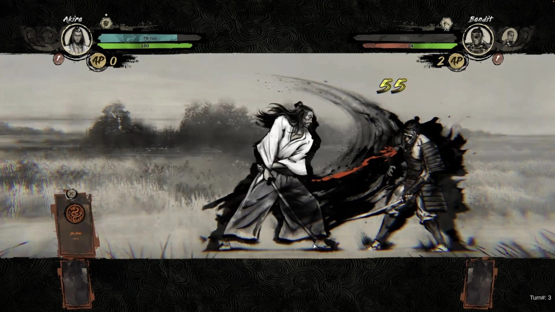 Tale of Ronin: Akira slashes a bandit in turn-based combat, UI health bars over a field backdrop.