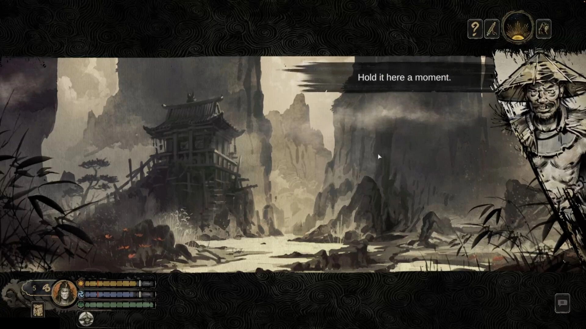 Tale of Ronin: Dialogue prompt "Hold it here a moment" over misty mountain pass and shrine UI icons.