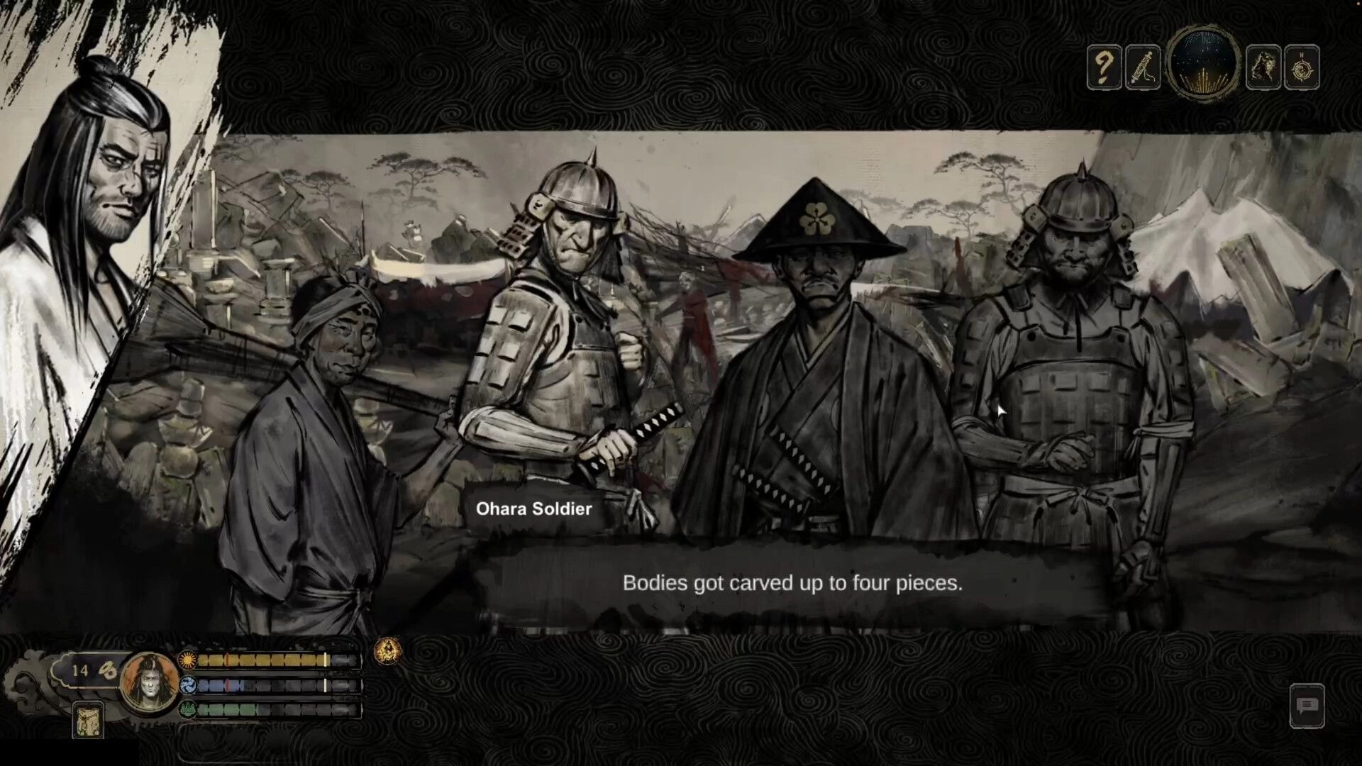 Tale of Ronin: Dialogue with Ohara Soldier amid ruins, four armored men, grim text box UI.