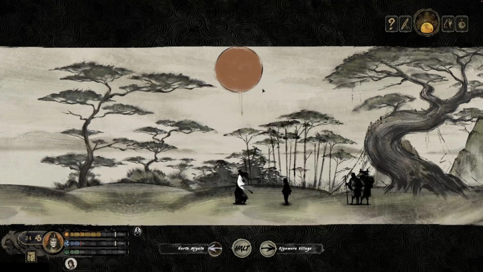 Tale of Ronin: World map travel scene with ronin and figures under red sun, HALT and route UI.