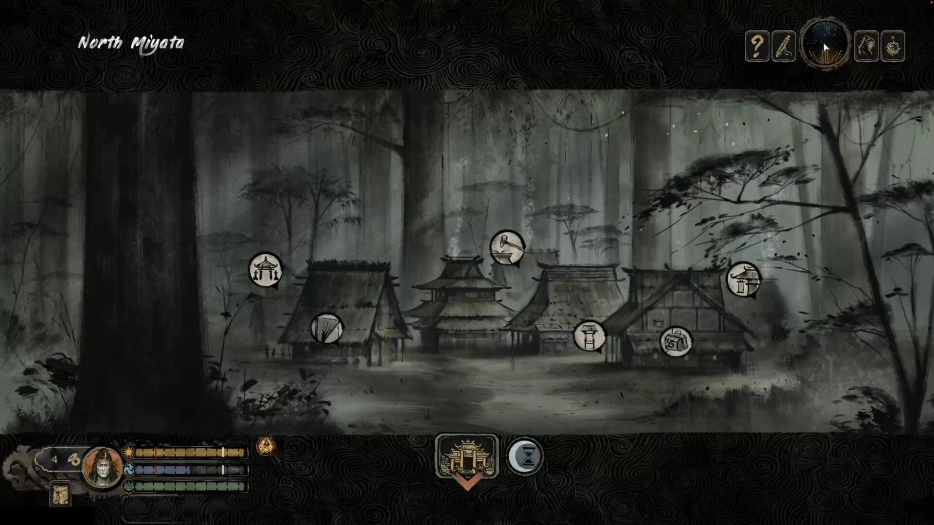 Tale of Ronin: Village map with building icons and HUD meters in misty North Miyata forest scene.