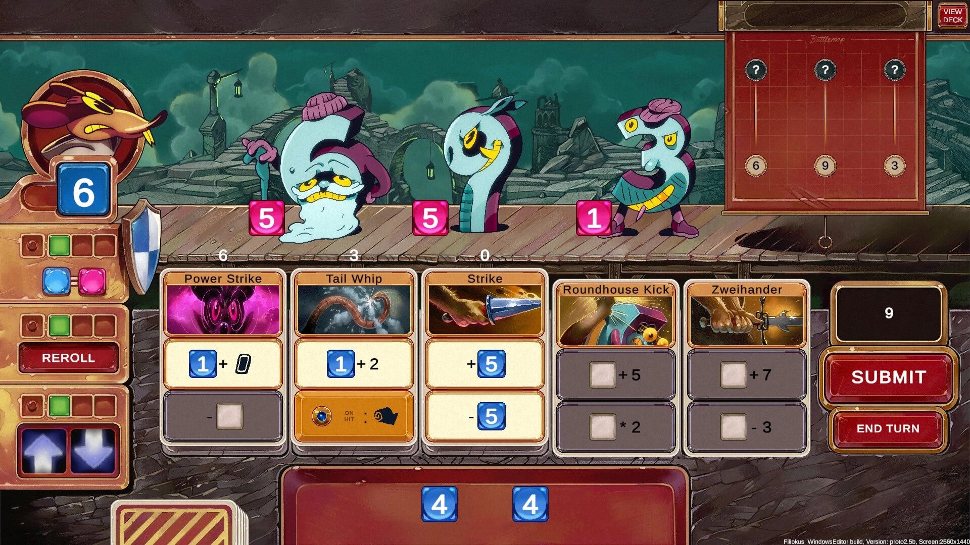 Talystro: Combat with three quirky enemies on a wooden platform, displaying dice and card actions