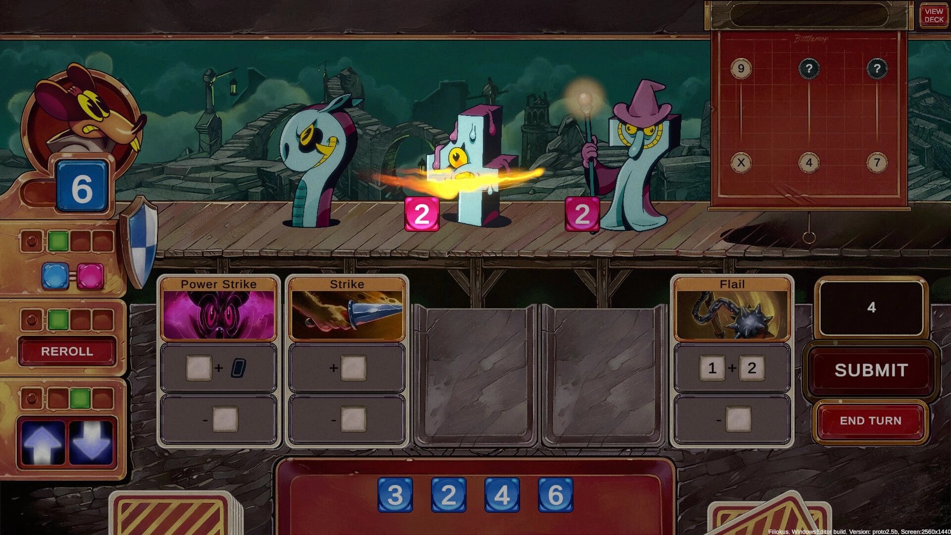 Talystro: Combat scene with three enemies on a wooden bridge, dice values and card actions displayed.