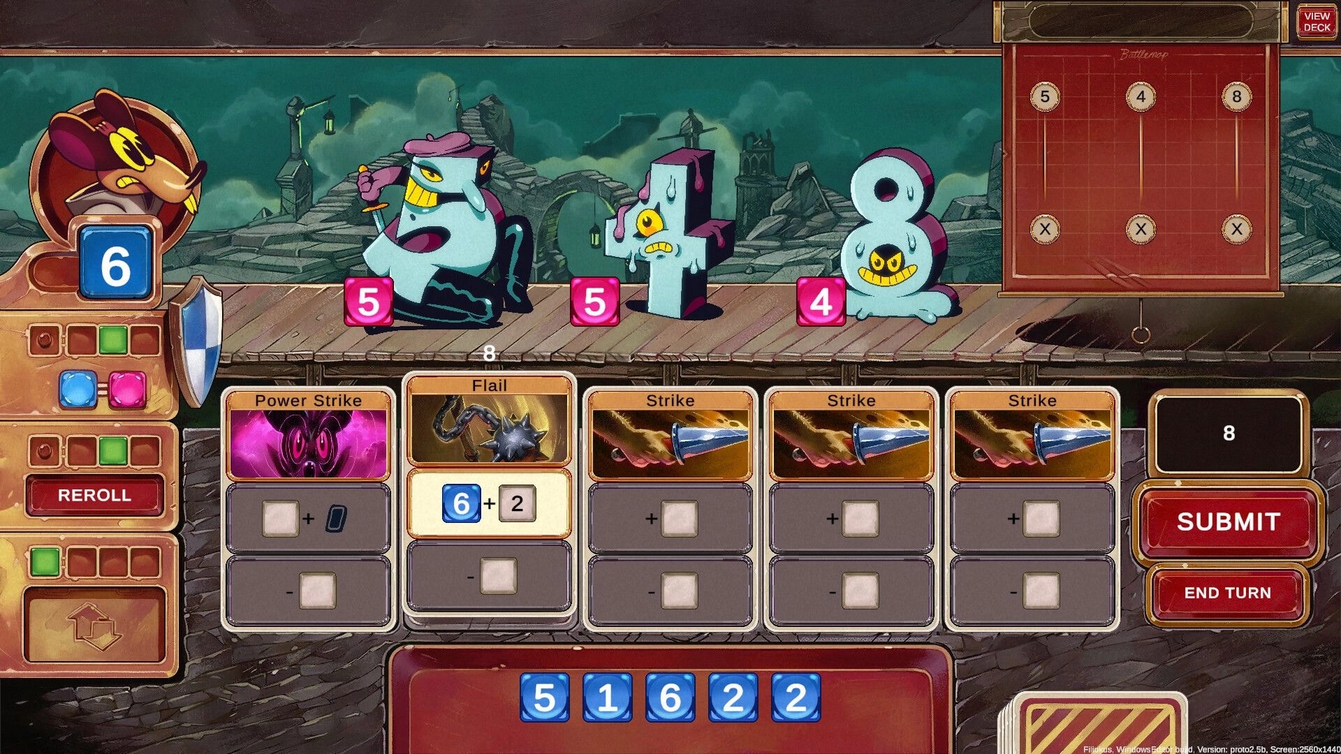 Talystro: Combat scene with dice and cards against three enemies on wooden platform battleground
