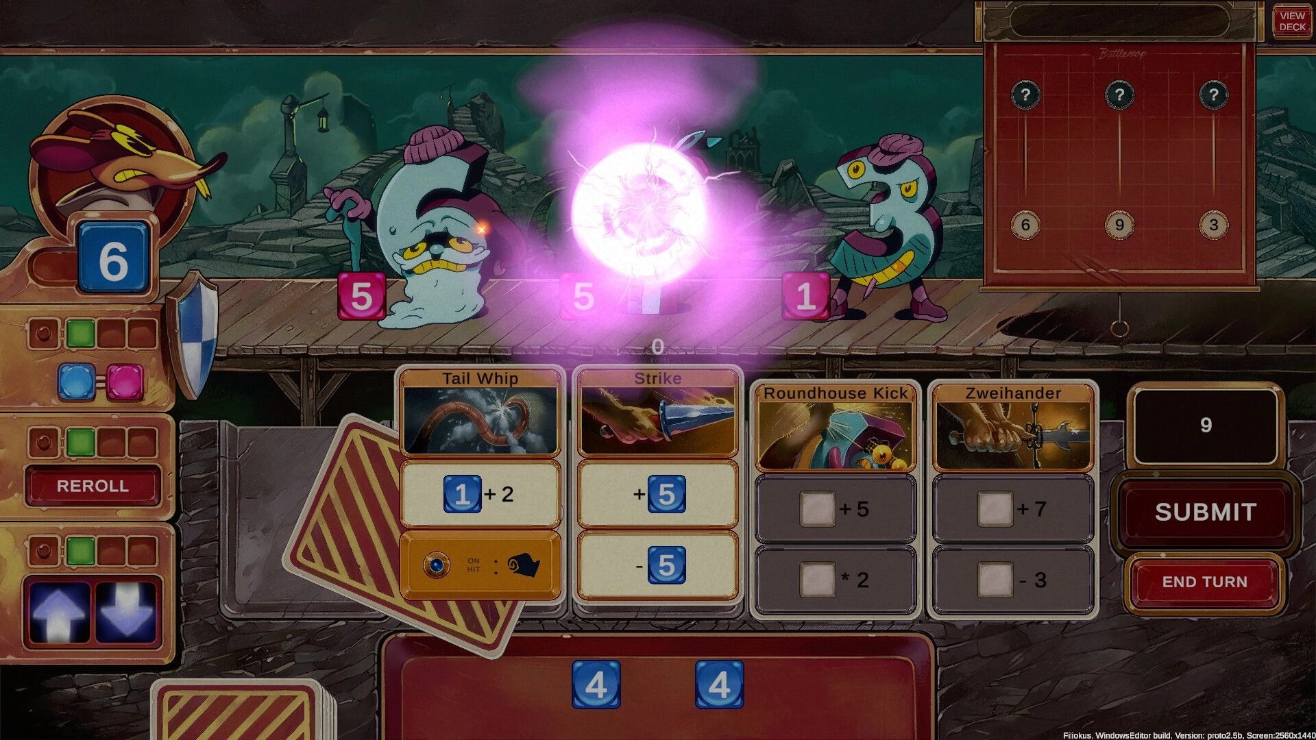 Talystro: Combat scene with dice and cards against two cartoon enemies on a wooden platform.