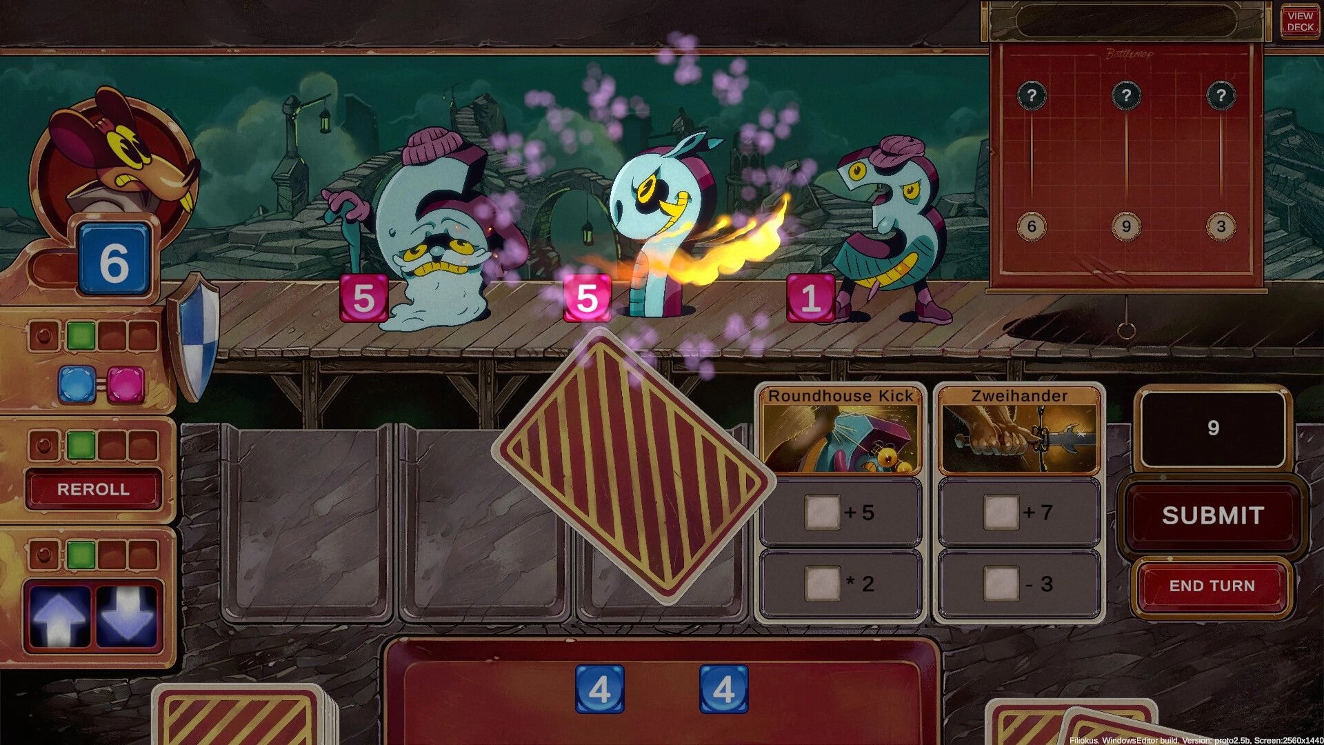 Talystro: Combat with three cartoon enemies on a wooden platform, player using dice and cards UI