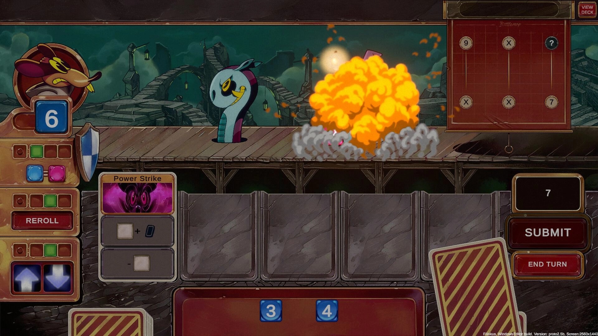 Talystro: Explosive combat with dice and cards against snake enemy on a wooden bridge platform.
