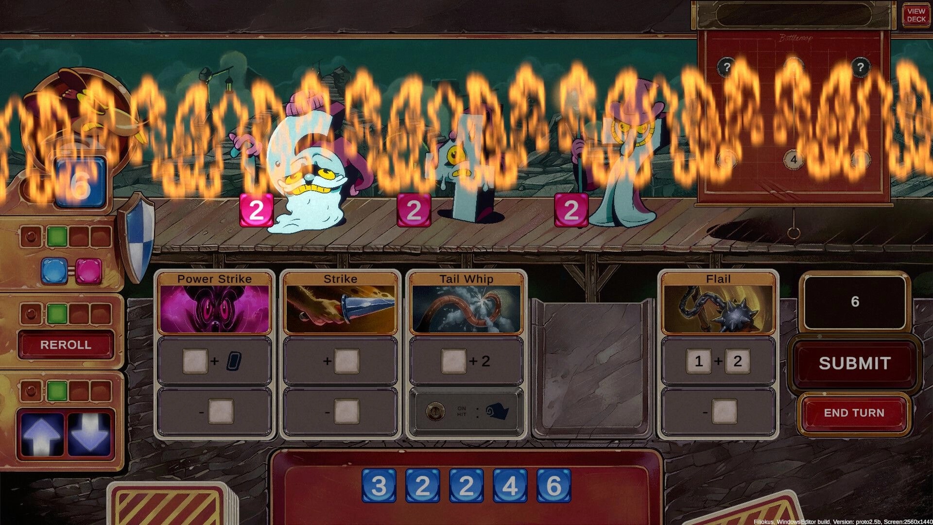 Talystro: Combat scene with fiery spell effect, enemy dice values, and player’s action cards visible