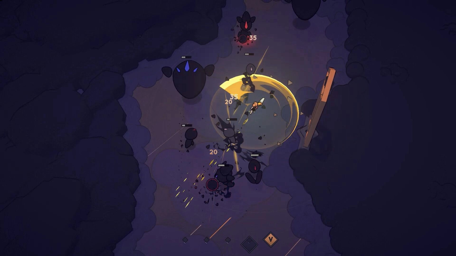 Tears Apart: Top-down melee slash hits shadow enemies with damage numbers in a smoky cavern arena.
