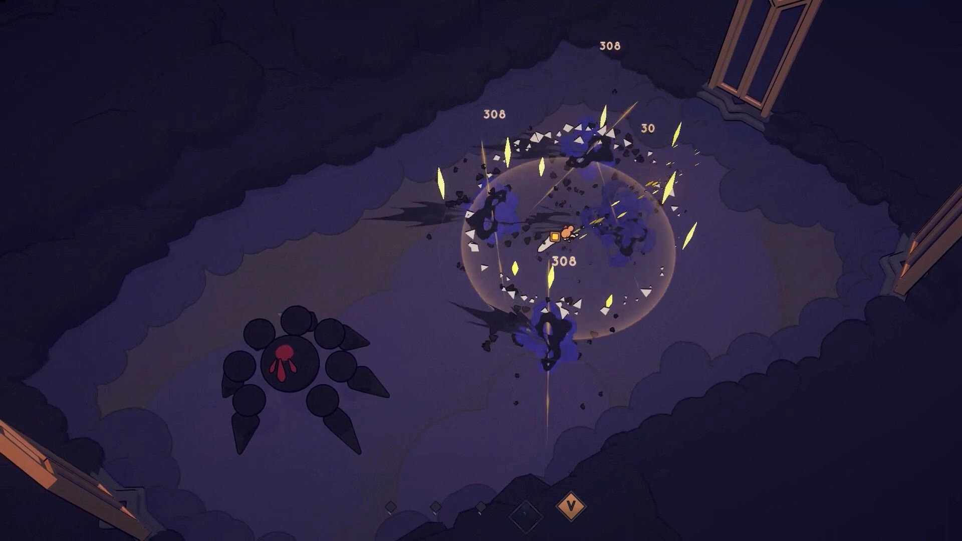Tears Apart: Top-down melee fight with shadow enemies and damage numbers in a dark stone arena.