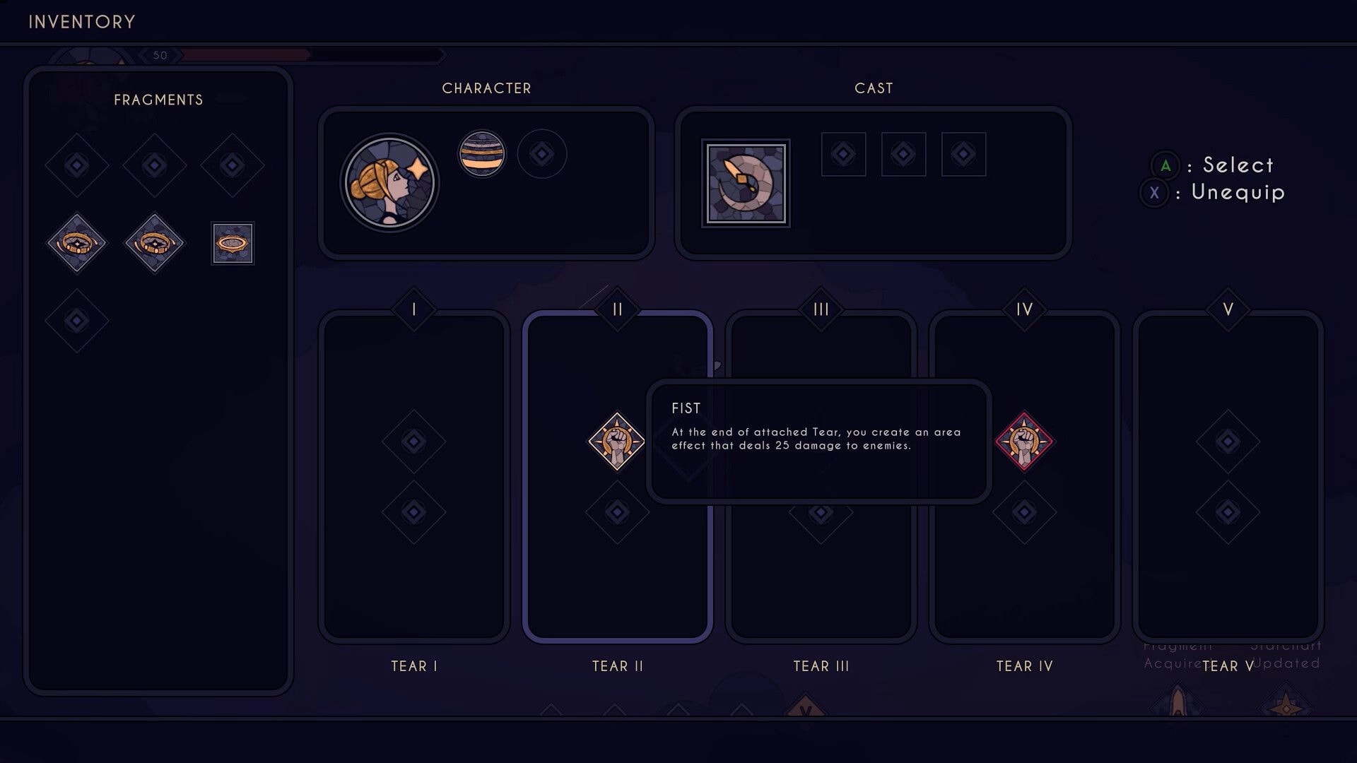 Tears Apart: Inventory screen with fragments, character and cast slots, and Fist tear tooltip popup.