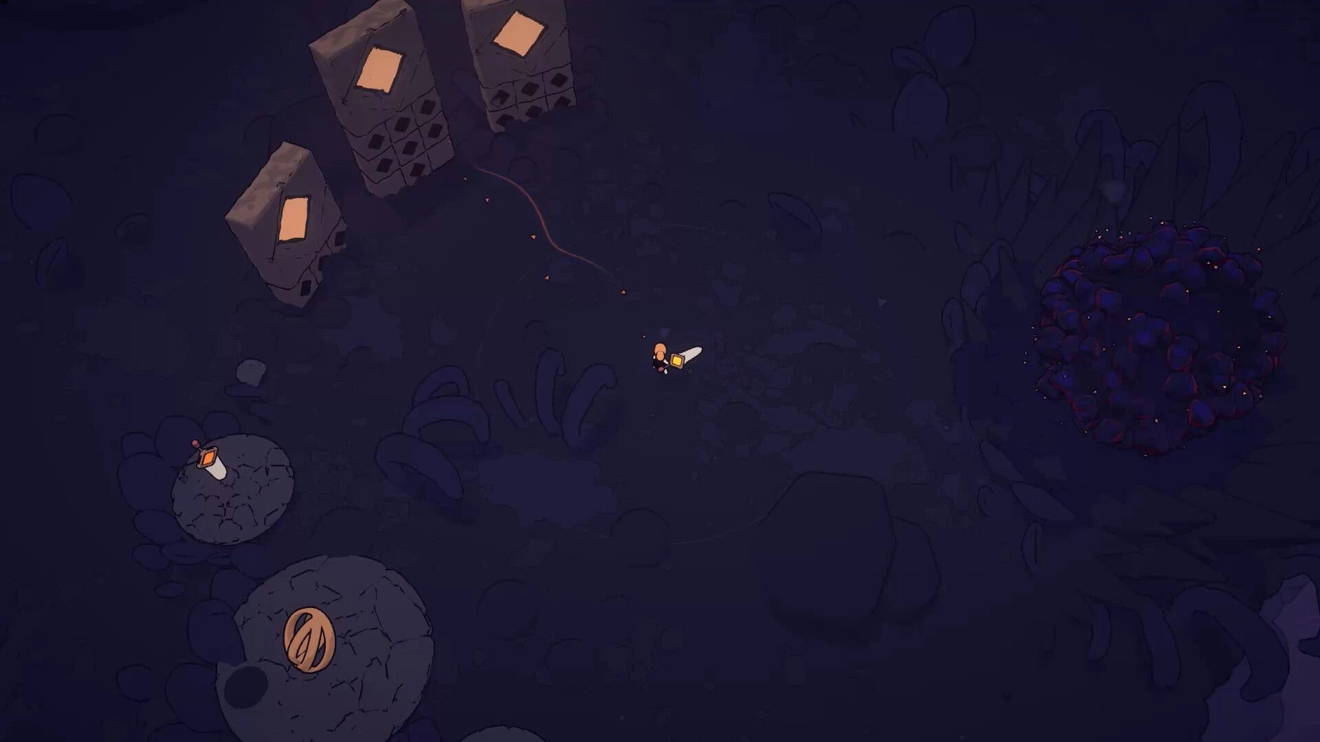 Tears Apart: Player with glowing blade explores dim cavern, stone pillars and a pulsing purple nest nearby.