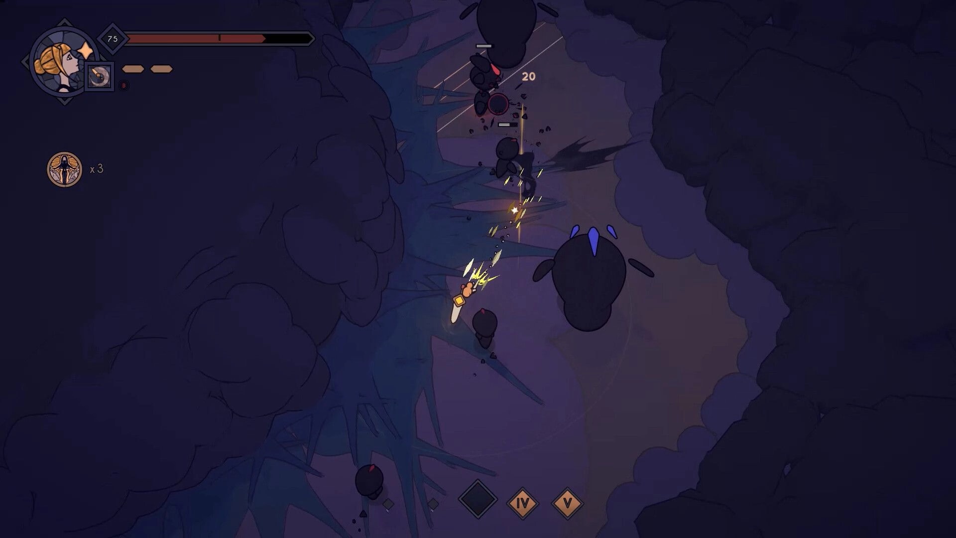 Tears Apart: Hero dash-strikes shadow blobs in a dark corridor, health bar and level 75 UI visible.