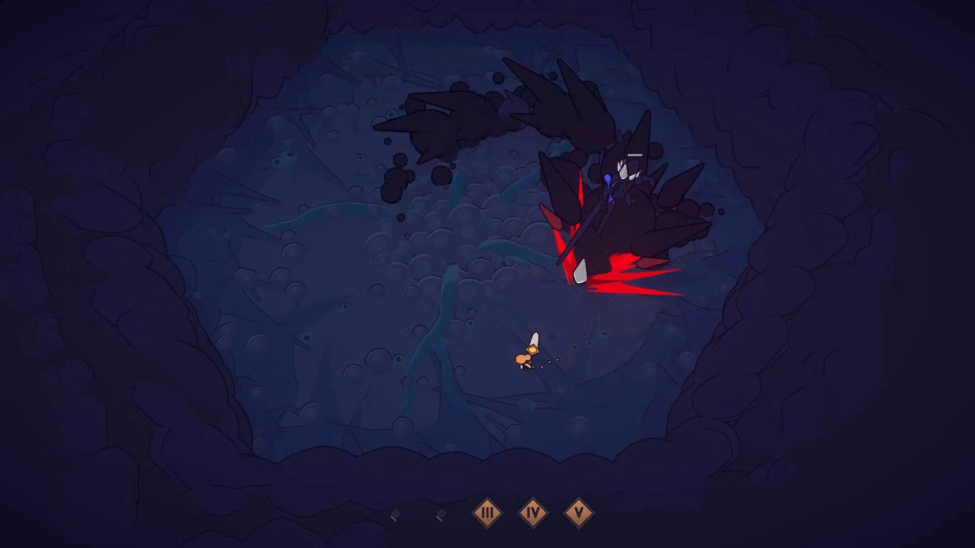Tears Apart: Small hero faces spiked void beast in a dark cave arena, skill icons at bottom UI.